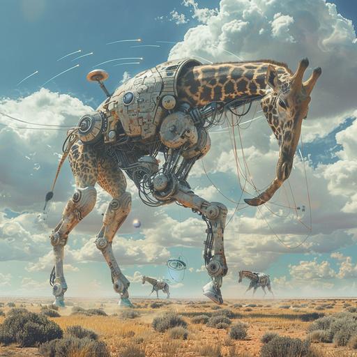 photo surrealism realistic, a giraffe mech elephant warrior UFO slinging sticky hands at crop circles radio waves. Split earth --v 6.0 --s 250