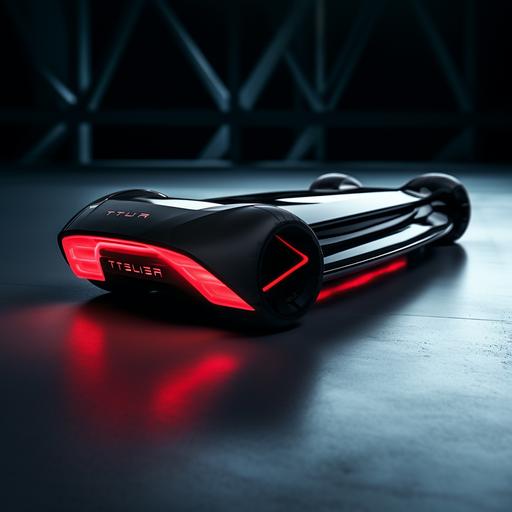 photo, tesla hoverboard concept, modern sleek, fun cyberpunk style, minimal aesthetic, design innovation, hovering above surface, 8k, brushed black ceramic with white inlay