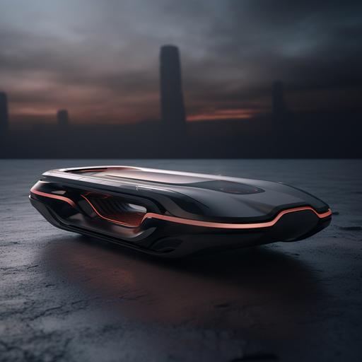 photo, tesla inspired elytra hoverboard,  cyberpunk sleek black brushed steel with rubber grib, hovering above dusty ground, windy,