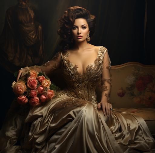 the actress in full dress sitting on the stage, in the style of light gold and bronze, bill gekas, saurabh jethani, peter coulson, 1940s–1950s, mix of masculine and feminine elements, angura kei --ar 64:63 --s 250