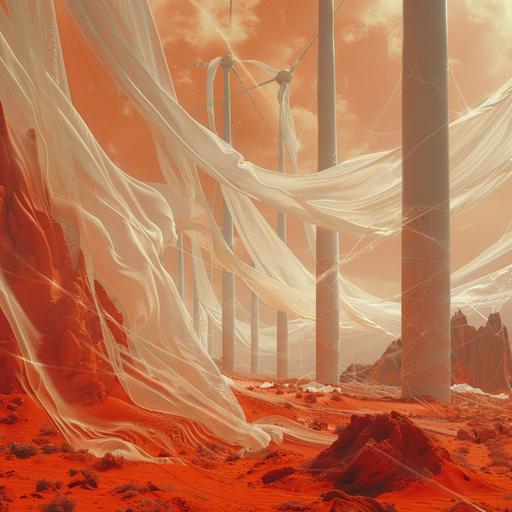 photo, too many wizards towers futuristic wind turbines all in the peaceful red desert with white fabric draped landscape and gentle breezes of flowing spiderwebs --v 6.0 --s 250