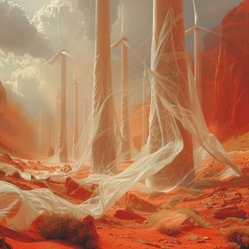 photo, too many wizards towers futuristic wind turbines all in the peaceful red desert with white fabric draped landscape and gentle breezes of flowing spiderwebs --v 6.0 --s 250
