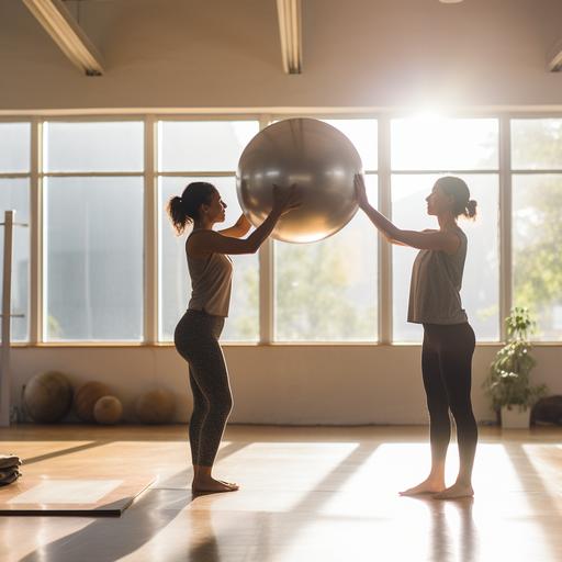 photo two adults in a sunlit yoga studio playing with a medium grey pilates ball