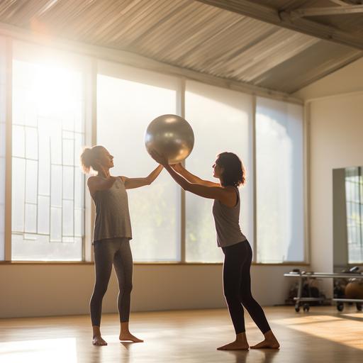 photo two adults in a sunlit yoga studio playing with a medium grey pilates ball
