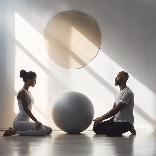 photo two adults, one male, one female, one white, one black in a sunlit yoga studio playing with a grey pilates ball