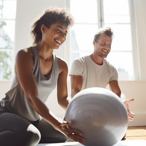 photo two adults, one male, one female, one white, one black in a sunlit yoga studio playing with a grey pilates ball