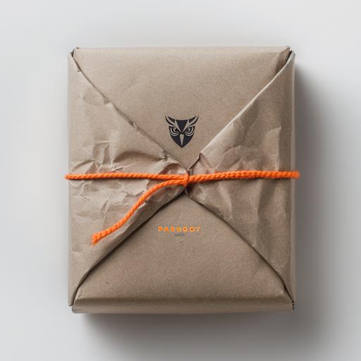photo, white studio backdrop, a sharp edged packaging, grey brutalist design, cardboard matte, neon orange ink, small horned owl logo 