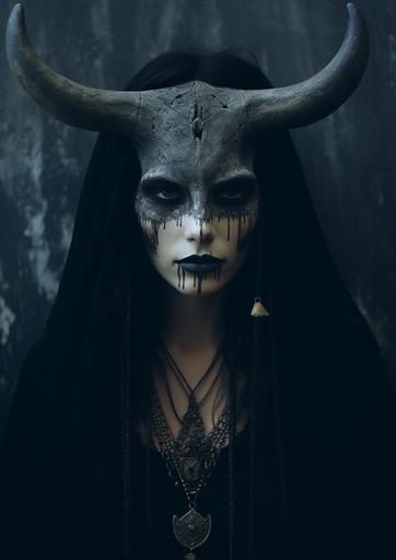 photo witch face half witch half bull skull, fantasy, mystery, tribal make up, historical genre, dark, beautiful, edgy, real photography, fujifilm superia, full HD, taken on a Canon EOS R5 F1. 2 ISO100 35MM, polaroid photo style, grunge texture, Scene from a modern dramatic movie --v 5.2 --ar 5:7 --style raw