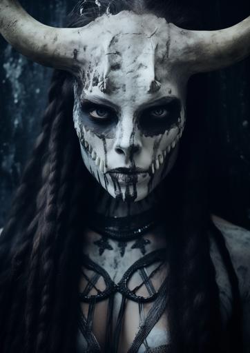 photo witch face half witch half bull skull, fantasy, mystery, tribal make up, historical genre, dark, beautiful, edgy, real photography, fujifilm superia, full HD, taken on a Canon EOS R5 F1. 2 ISO100 35MM, polaroid photo style, grunge texture, Scene from a modern dramatic movie --v 5.2 --ar 5:7 --style raw