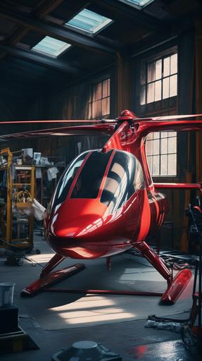 photo. Matte painting. A futuristic sleek autogyro in the factory being spray painted in red metallic paint, inspired by auto car painting, style of clean bright minimalism --ar 9:16