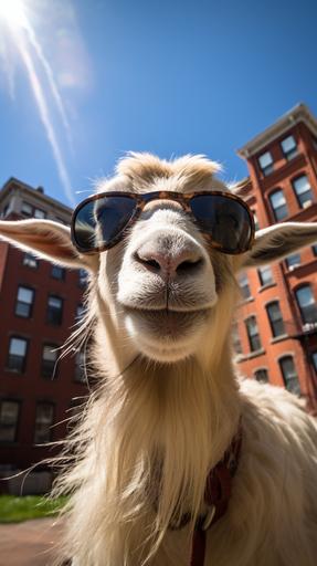 photogenic goat with sunglasses taking a selfie, red brick apartment building in background --ar 9:16 --s 225