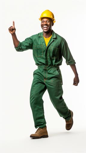 photograpgh of an african american construction worker marching on the spot, happy mood, yellow helmet, green overalls, white background --ar 9:16