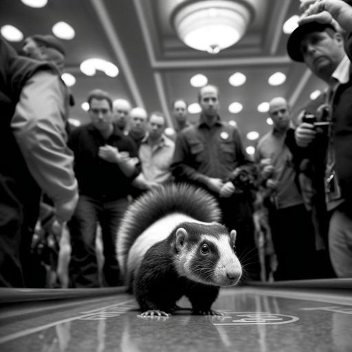photograph POV throwing the dice at the casino craps table with everyone looking at you, but you've thrown a real skunk tail up about to spray