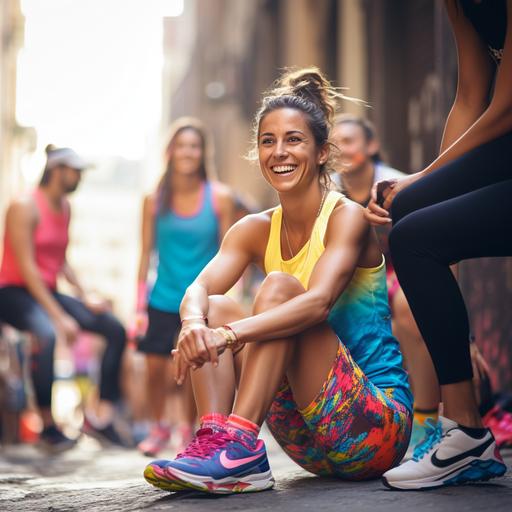photograph focusing on the brightly colored running shoes that a fit young woman in running clothes is lacing up. The woman is sitting on some cement steps in the middle of a bustling city with other runners in the distance. She is happy.