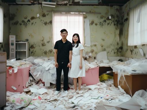 photograph from 2018s China: a young couple in their 20s, dressed in white, stands in their home, displaying a range of emotions including laughter and tears. Behind them is a backdrop of a cluttered living space filled with white plastic trash bags and torn white paper rolls. Captured with a film camera, Fujifilm, and Kodak rolls, the image conveys a strong cinematic and grainy texture. This artwork uniquely documents the complex emotions and living conditions faced by the young people of that era. --ar 4:3 --niji 5