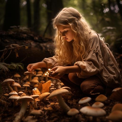 photograph from forest floor with trail of mushrooms and girl piking them
