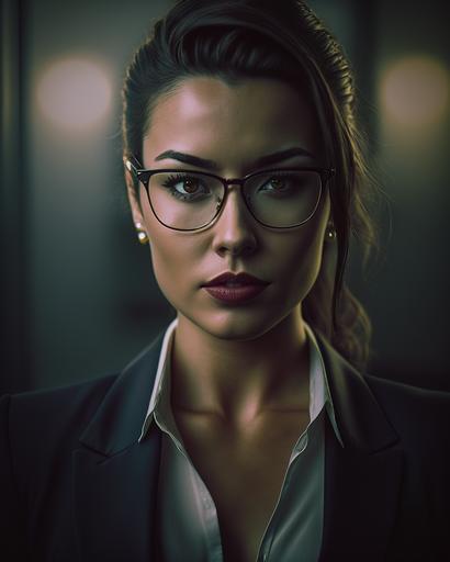 photograph mid shot portrait 25-year-old young hot female secretary, beautiful female, black business suit, background office, wear glasses, juicy lips, light from below camera, look into camera, looks suspicious, serious, stoic cinematic 4k epic detailed 4k epic detailed photograph shot on kodak detailed bokeh cinematic hbo dark moody --ar 4:5