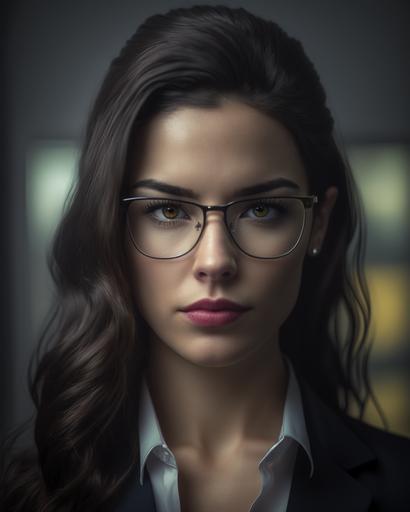 photograph mid shot portrait 25-year-old young hot female secretary, beautiful female, black business suit, background office, wear glasses, juicy lips, light from below camera, look into camera, looks suspicious, serious, stoic cinematic 4k epic detailed 4k epic detailed photograph shot on kodak detailed bokeh cinematic hbo dark moody --ar 4:5