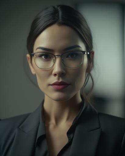 photograph mid shot portrait 25-year-old young hot female secretary, beautiful female, black business suit, background office, wear glasses, juicy lips, look into camera, looks suspicious, serious, stoic cinematic 4k epic detailed 4k epic detailed photograph shot on kodak detailed bokeh cinematic hbo dark moody --ar 4:5