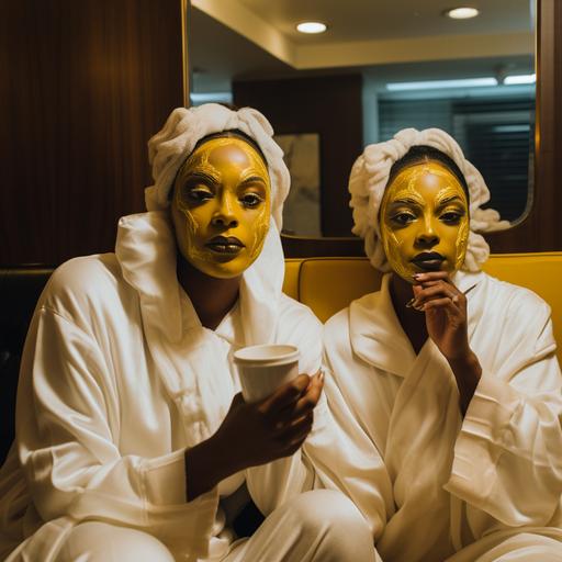 photograph of 25 year old black models with yellow clay mask on face in a hotel bathroom wearing fuzzy white robes