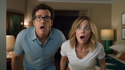 photograph of Jason Bateman with Glasses, blue oxford shirt, and khaki pants and Rachel McAdams in casual clothes hiding behind a bed in a beautiful mid-century modern bedroom. They look angry. cinematic lighting. hyperrealistic. canon 5d :: scene from a modern comedy film directed by Peter Farrelly --v 5.2 --ar 16:9 --style raw