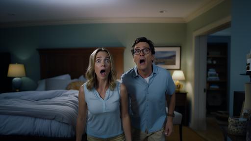 photograph of Jason Bateman with Glasses, blue oxford shirt, and khaki pants and Rachel McAdams in casual clothes hiding behind a bed in a beautiful mid-century modern bedroom. They look anxious. cinematic lighting. hyperrealistic. canon 5d :: scene from a modern comedy film directed by Peter Farrelly --v 5.2 --ar 16:9 --style raw