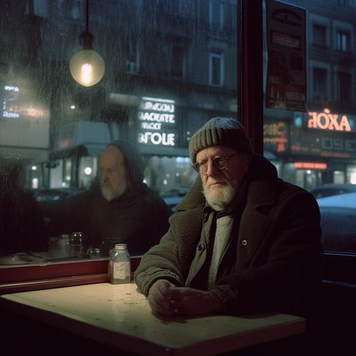 photograph of a 50 year old nordic men wearing a thick, worn-out coat, in a visible internal struggle, his eyes fixed to the outside window. the Paris café is a dimly lit, smoky space filled with patrons engrossed in their own conversations and activities. kodachome film