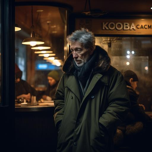 photograph of a 50 year old nordic men wearing a thick, worn-out coat, in a visible internal struggle, his eyes fixed to the outside window. the Paris café is a dimly lit, smoky space filled with patrons engrossed in their own conversations and activities. kodachome film