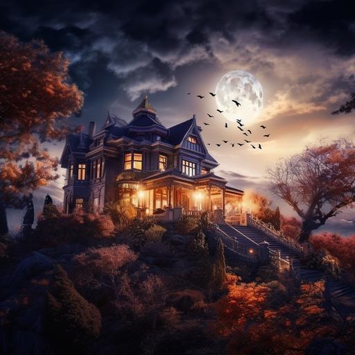 photograph of a beautiful country house on a very high hill, with bats and crows, with broken glass windows, made of wood on a hill with glowing lights, a beautiful garden with rose bushes of all colors, and orange, peach and plum trees, golden and blue light hour, there is a huge full moon in the sky, dramatic and dark atmosphere, photorealistic, photography by Rebeca Saray, Eugenio Recuenco, Caravaggio, Rubens, very detailed, photography, camera grain, cinematography, character