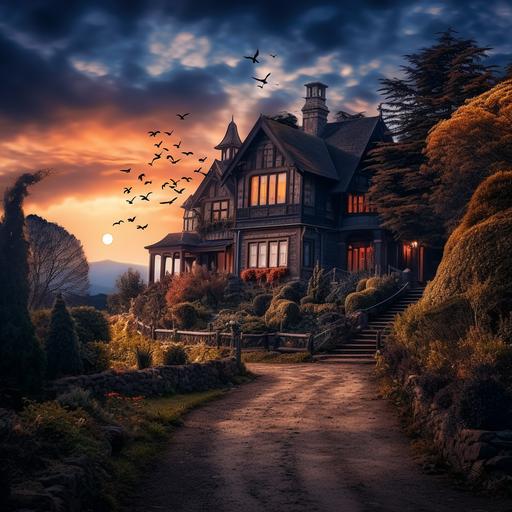 photograph of a beautiful country house on a very high hill, with bats and crows, with broken glass windows, made of wood on a hill with glowing lights, a beautiful garden with rose bushes of all colors, and orange, peach and plum trees, golden and blue light hour, there is a huge full moon in the sky, dramatic and dark atmosphere, photorealistic, photography by Rebeca Saray, Eugenio Recuenco, Caravaggio, Rubens, very detailed, photography, camera grain, cinematography, character