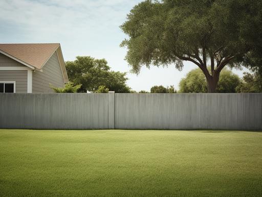 photograph of a concrete fence infront of a concrete bungalow house in the distance, mowed lawn, mid day lighting --ar 4:3