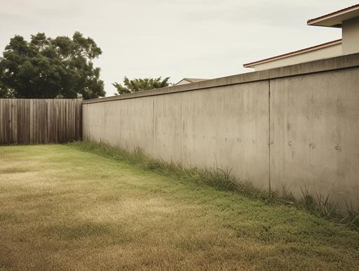 photograph of a concrete fence infront of a concrete bungalow house in the distance, mowed lawn, mid day lighting --ar 4:3