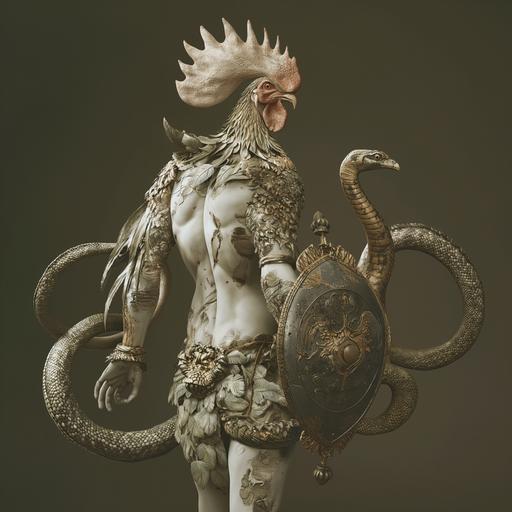 photograph of a creature with a rooster head, snakes as both legs, and a human torso; creature carries a ship and a shield of silver, intricate details, 16k, photorealistic, v 6 --v 6.0