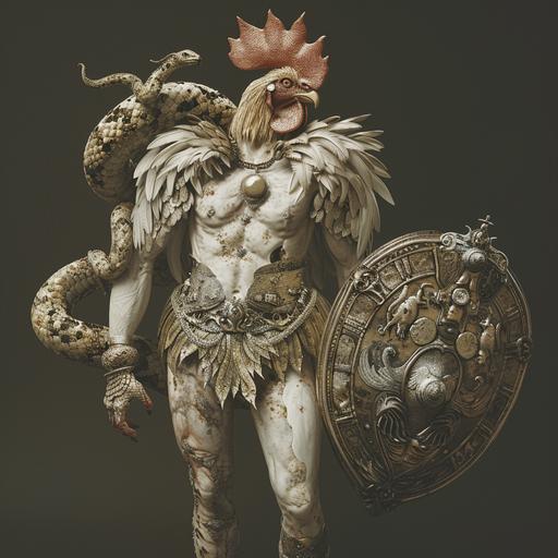 photograph of a creature with a rooster head, snakes as both legs, and a human torso; creature carries a ship and a shield of silver, intricate details, 16k, photorealistic, v 6