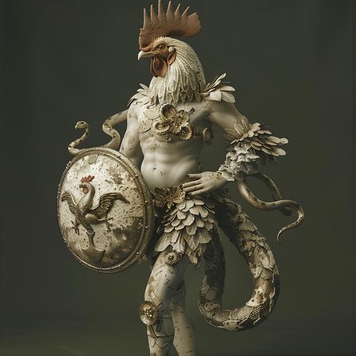 photograph of a creature with a rooster head, snakes as both legs, and a human torso; creature carries a ship and a shield of silver, intricate details, 16k, photorealistic, v 6
