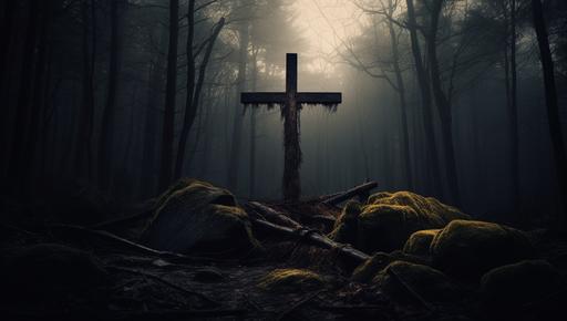 photograph of a cross in the woods by fred, in the style of uhd image, mountainous vistas, strong chiaroscuro, bunnycore, massurrealism, high quality photo, charismatic --ar 39:22