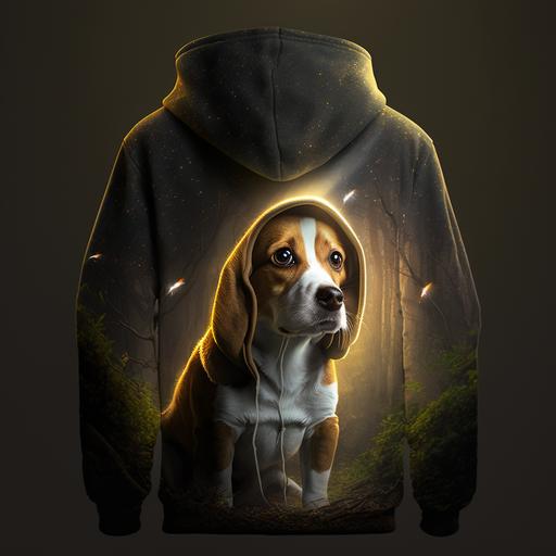 photograph of a dog sweater beagle puppy with an oversized hoodie sweatshirt in the style of disney and pixar, full body, dramatic lighting, volumetríc lighting, beautiful lighting, cinematic lighting, forest background, fireflies, front view, intricate detail, ultra detail, ultra realistic, 8k --v 4 --q 2