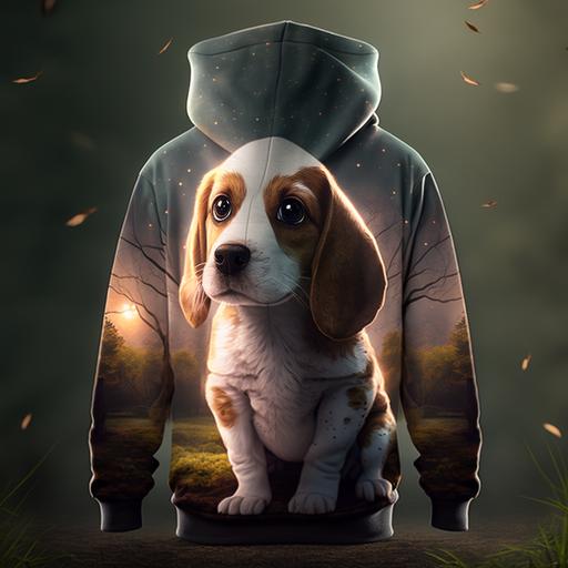 photograph of a dog sweater beagle puppy with an oversized hoodie sweatshirt in the style of disney and pixar, full body, dramatic lighting, volumetríc lighting, beautiful lighting, cinematic lighting, forest background, fireflies, front view, intricate detail, ultra detail, ultra realistic, 8k --v 4 --q 2