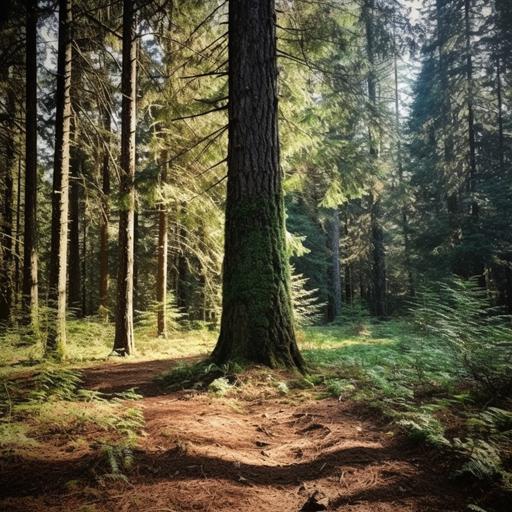 photograph of a douglas fir tree in a douglas fir forest. Sunny day. cinematic. photo realistic. Style of ken burns. User generated content. --v 5.1 --s 750