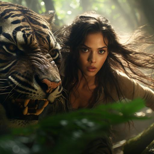photograph of a fierce beautiful hispanic women chasing a large tiger through middle of the rainforest with volumetric, warm light reflecting off her face. environment. v5