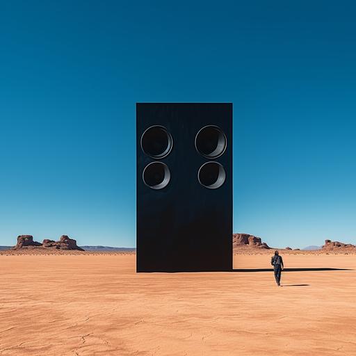 photograph of a giant black sound system speaker monolith in the dry desert, blue sky, lonely explorer astronaut and ape standing in front 2001 space movie, realistic, panoramic, abstract , 8k, --chaos 10 --v 5.2
