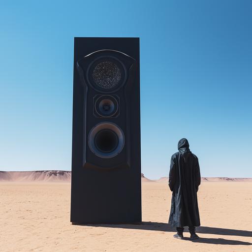photograph of a giant black sound system speaker monolith in the dry desert, blue sky, lonely explorer astronaut and ape standing in front 2001 space movie, realistic, panoramic, abstract , 8k, --chaos 10 --v 5.2