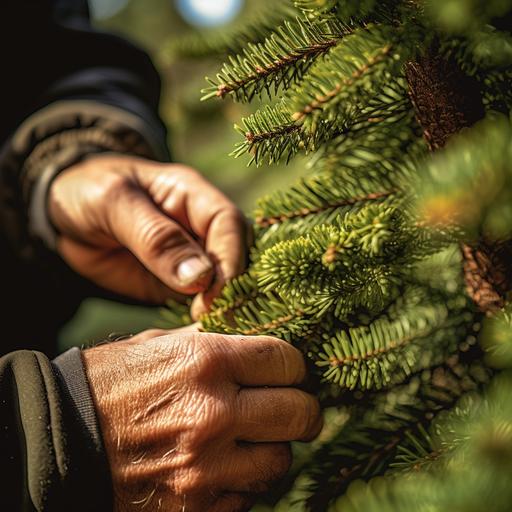 photograph of a gloved forester hand touching a douglas fir tree. sunny day. photo realistic. cinematic. Style of ken burns. User generated content --v 5.1 --s 750