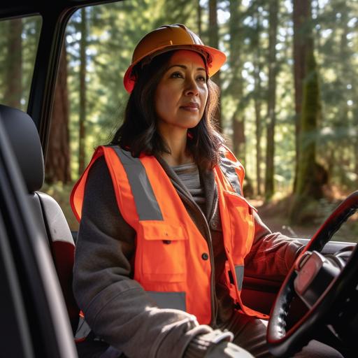 photograph of a hispanic female forester 55 years old driving a pickup truck through a douglas fir forest . wearing hard hat and orange vest. sunny day. photo realistic. cinematic. Style of ken burns. User generated content --v 5.1 --s 750