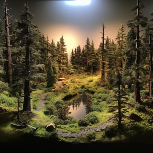 photograph of a large miniature landscape depicting a forested area of the PNW. This landscape is made in order to take video of
