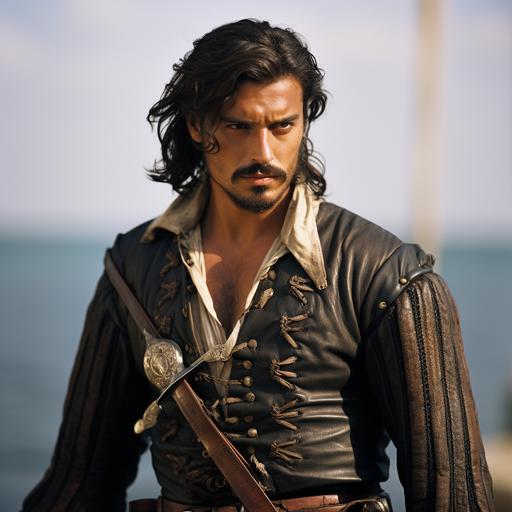 photograph of a male italian pirate, with olive skin, black goatee and mustache, scars on his face, and his black hair tied back into a pony tail. He is wielding an ornate rapier. A cutlass is tucked into his broad leather belt.