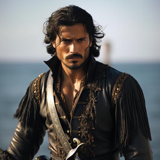 photograph of a male italian pirate, with olive skin, black goatee and mustache, scars on his face, and his black hair tied back into a pony tail. He is wielding an ornate rapier. A cutlass is tucked into his broad leather belt.