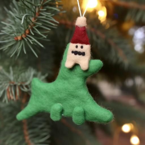 photograph of a needle felted Godzilla Christmas ornament hanging on the Christmas tree --w 3000