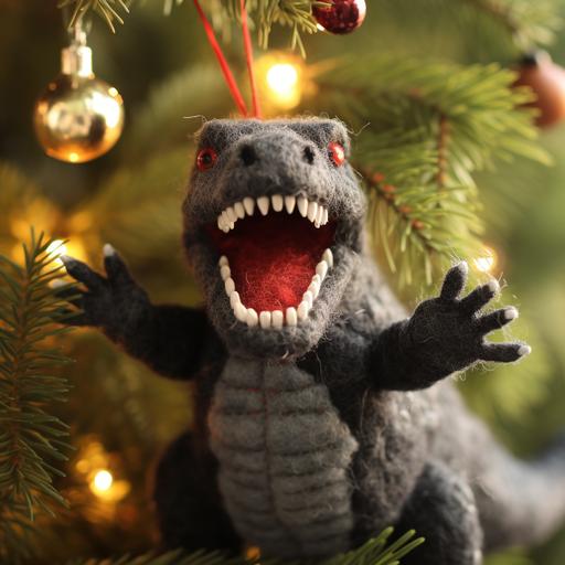 photograph of a needle felted Godzilla Christmas ornament hanging on the Christmas tree