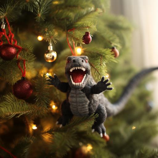photograph of a needle felted Godzilla Christmas ornament hanging on the Christmas tree